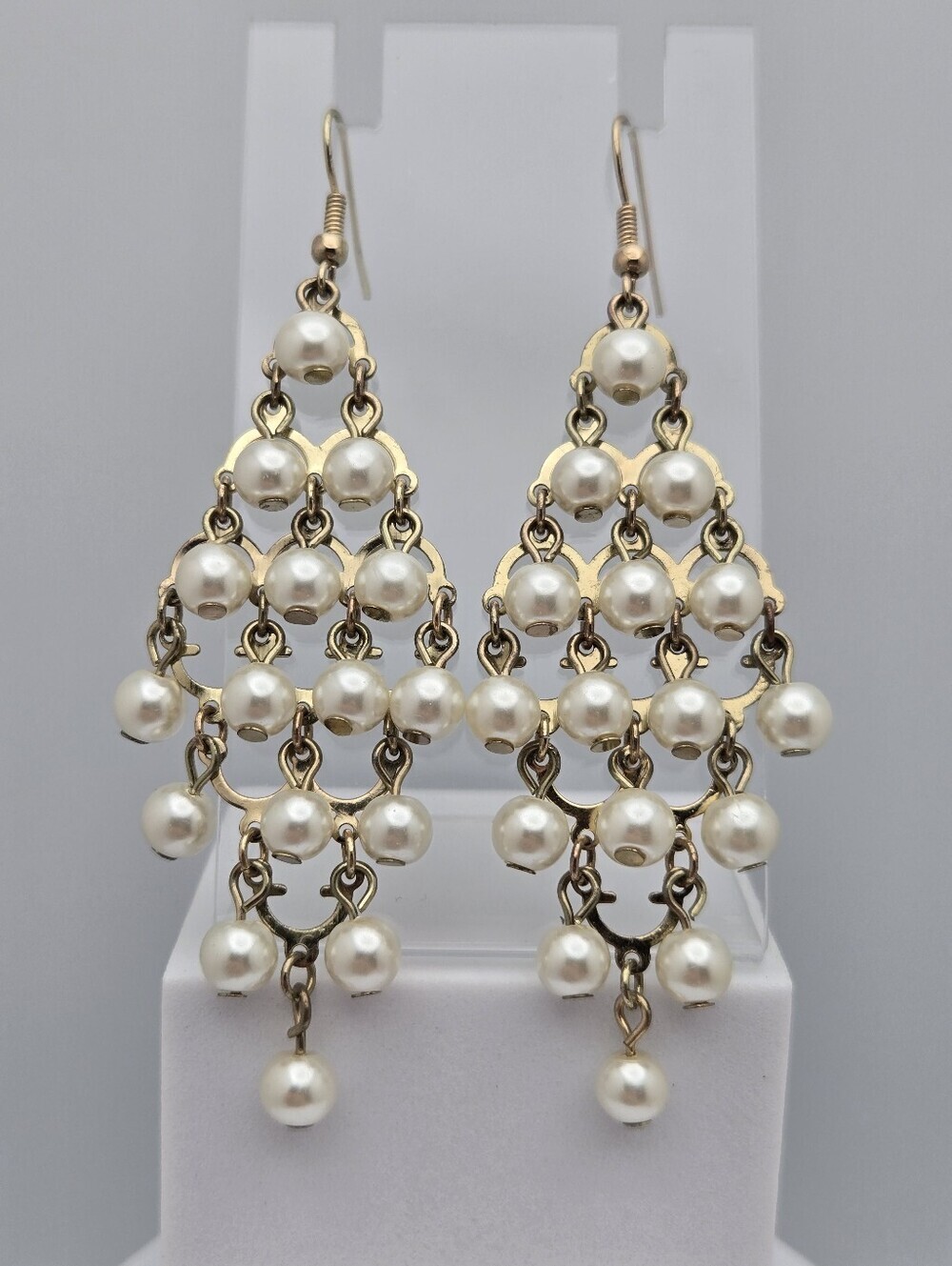 Faux Pearl Chandelier Earrings Bridal Statement Art Deco Victorian 3.25"